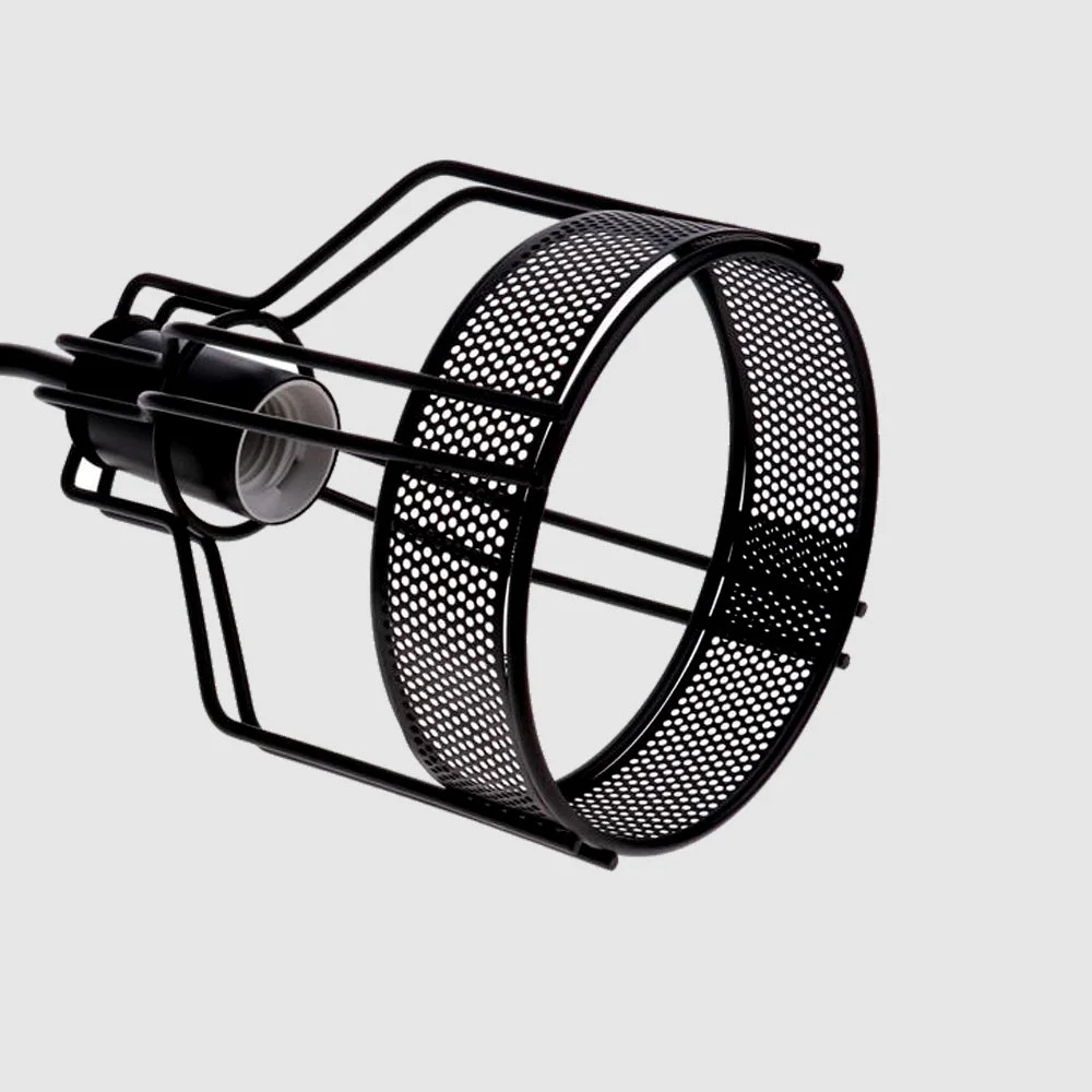 Black pendant light with wire cage, 100 cm black fabric cable, 14 cm round shade, 24 cm height, hanging from ceiling