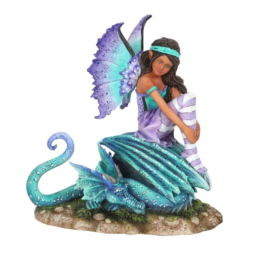 Amy Brown fairy figurine featuring a purple and teal fairy sitting on a dragon, detailed resin collectible, 16cm tall