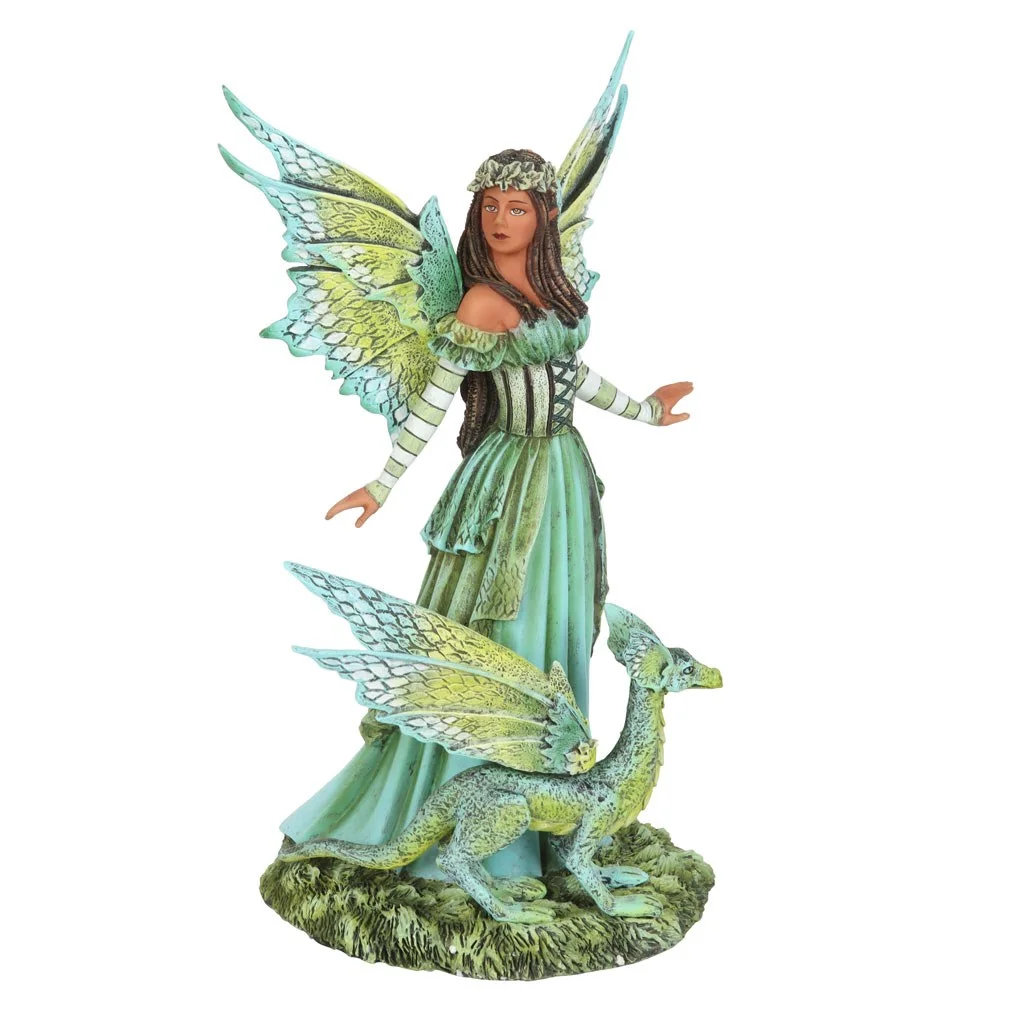 22cm green fairy figurine collectible with dragon companion, detailed painted resin sculpture by Amy Brown