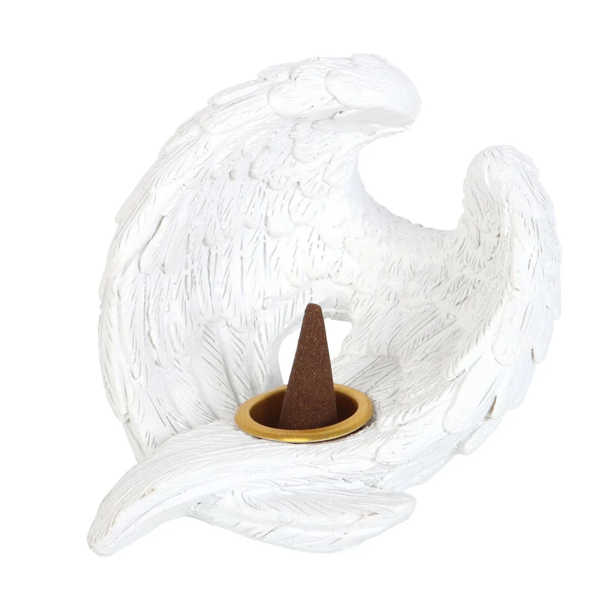 Angel wing shaped resin incense burner holding a lit incense cone, symbolizing serenity and hope