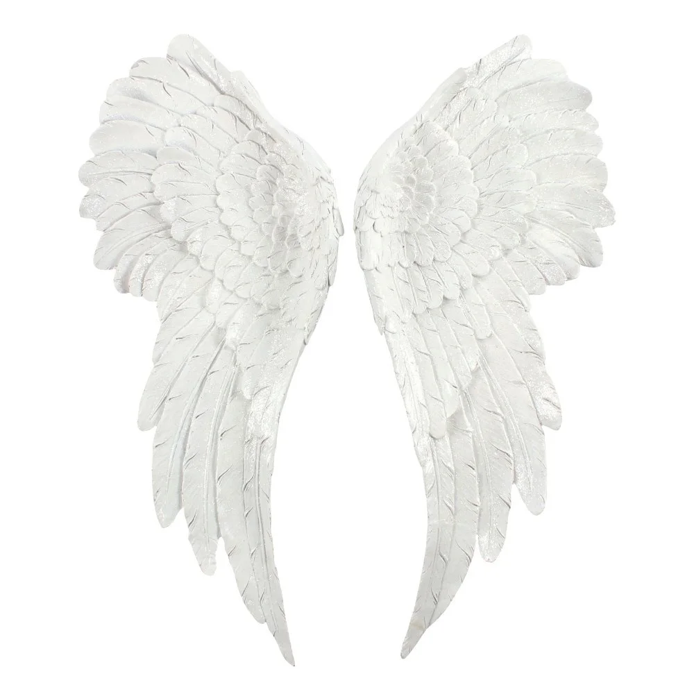 Pair of large glitter angel wings in white with subtle iridescent effect, each 54cm tall with metal hooks for hanging