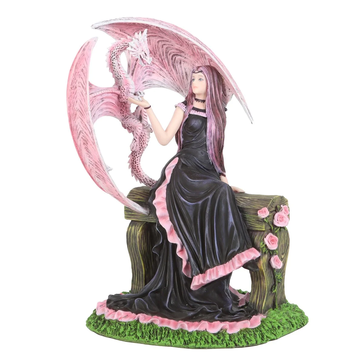 Pink dragon figurine with wings beside a girl, symbolizing protection and friendship, designed by Anne Stokes