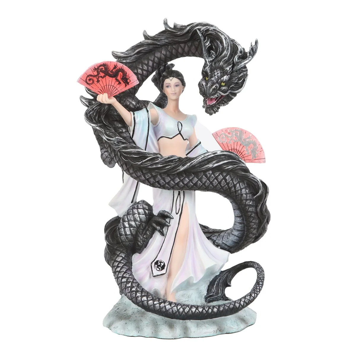 Dragon figurine ornament featuring a black dragon swirling around a dancing girl, designed by Anne Stokes