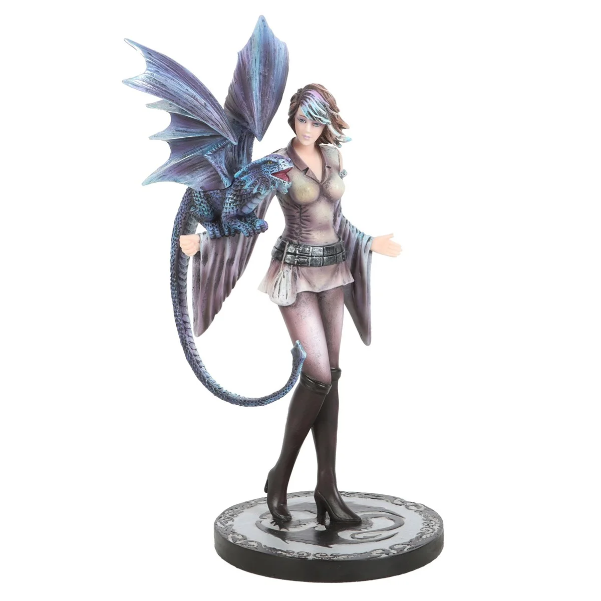 Dragon trainer figurine showing a girl with a small dragon perched on her arm, detailed fantasy sculpture by Anne Stokes