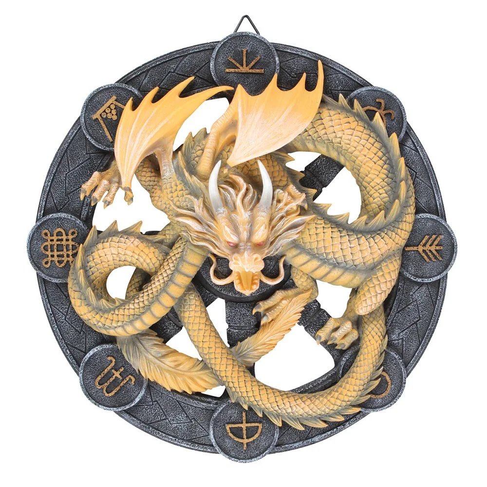Yellow dragon resin wall plaque with Imbolc symbol and sabbat circle, detailed 3D design by Anne Stokes