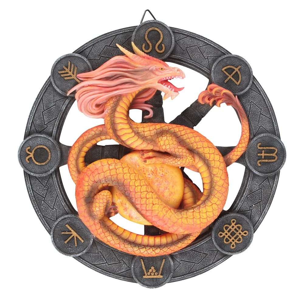 Litha dragon wall plaque featuring 3D resin dragon clutching golden sun with sabbat symbols by Anne Stokes