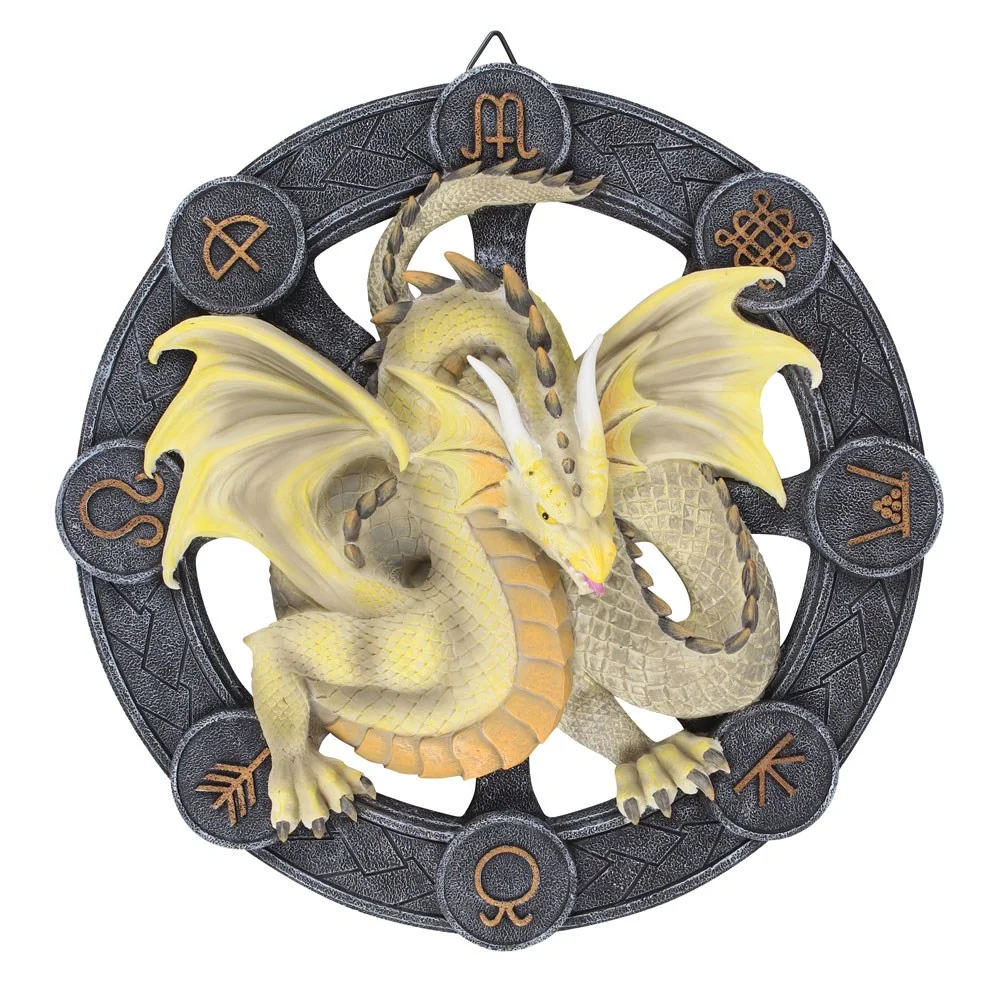 Yellow-green serpent-like dragon on circular sabbat symbols in Anne Stokes dragon resin wall plaque, 27cm square