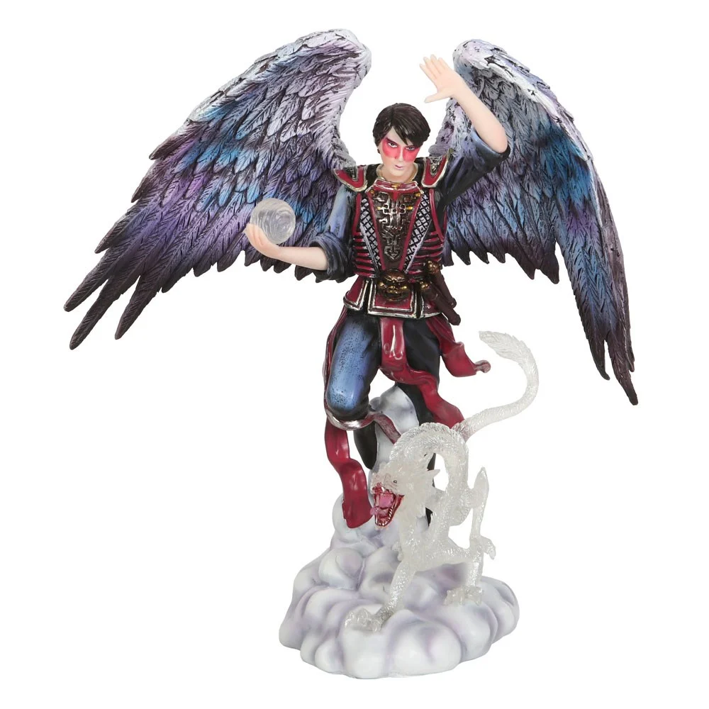 Air Elemental wizard figurine in samurai armor holding clear orb with clear air dragon on cloud base by Anne Stokes