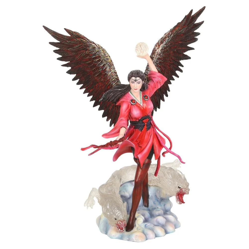 Air Elemental Sorceress figurine in red kimono holding orb with clear air dragon and cloud base by Anne Stokes