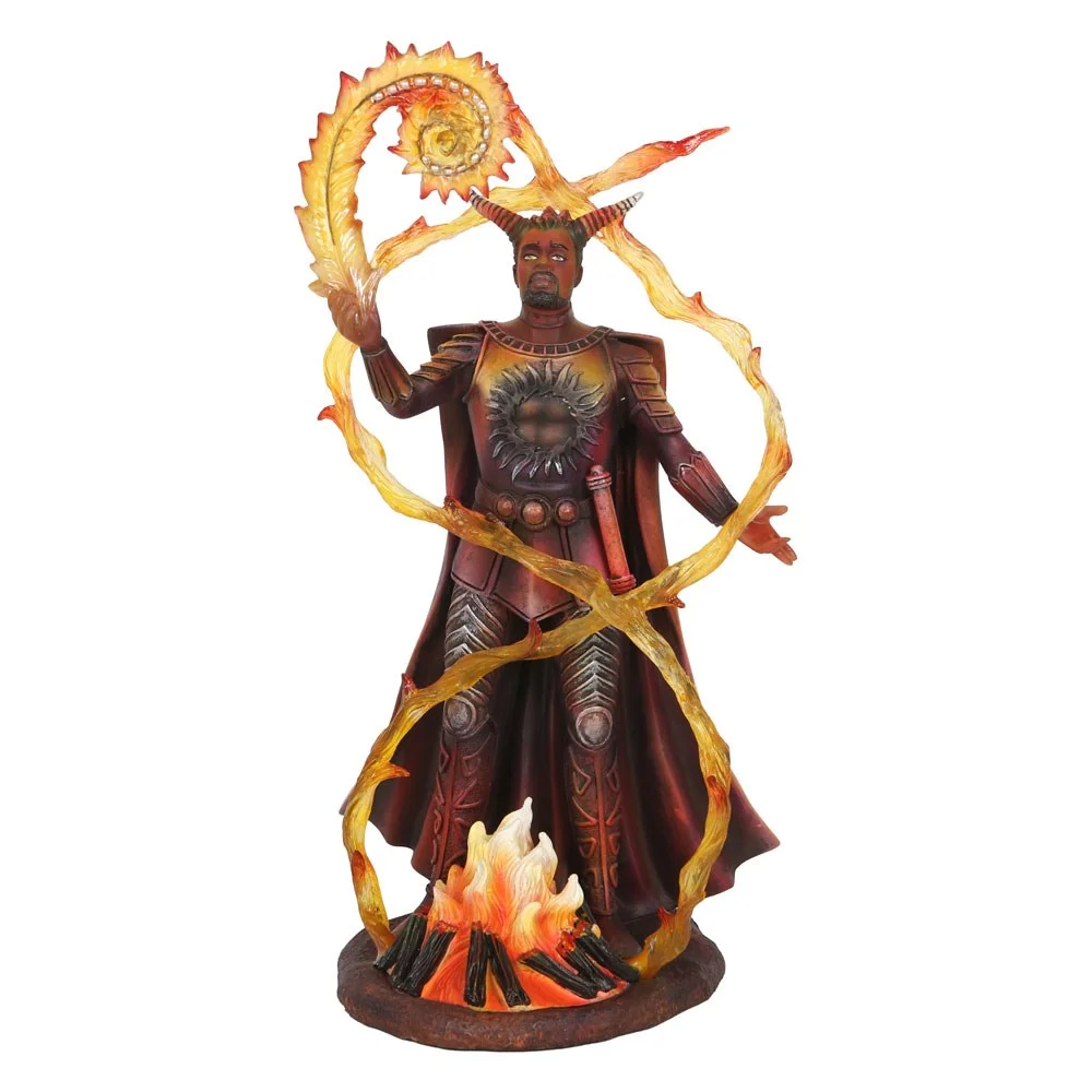 Fire Elemental Wizard Figurine by Anne Stokes showing a demon wizard casting yellow flames over burning fire