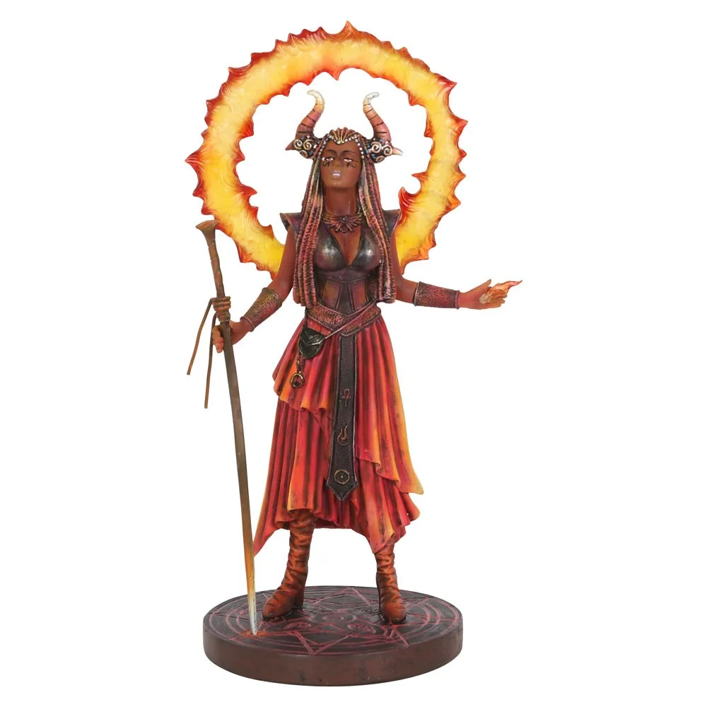 Fire Elemental Sorceress figurine by Anne Stokes with horned sorceress, yellow fire ring, and elemental symbol base