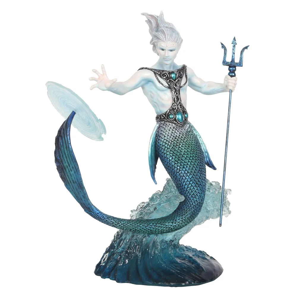 Water Elemental Wizard figurine by Anne Stokes, merman casting water magic riding a blue ocean wave