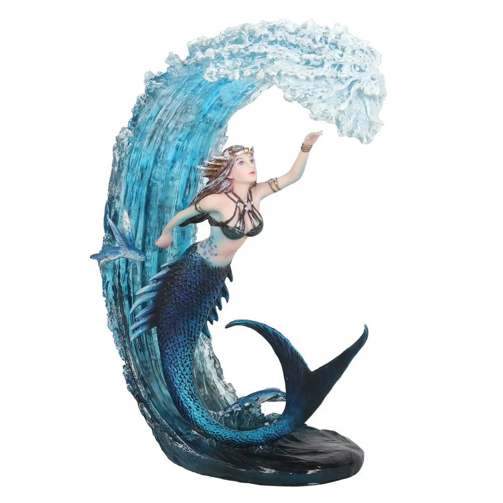 Water Elemental Sorceress figurine by Anne Stokes, mermaid rising from blue wave with flying fish companions in resin