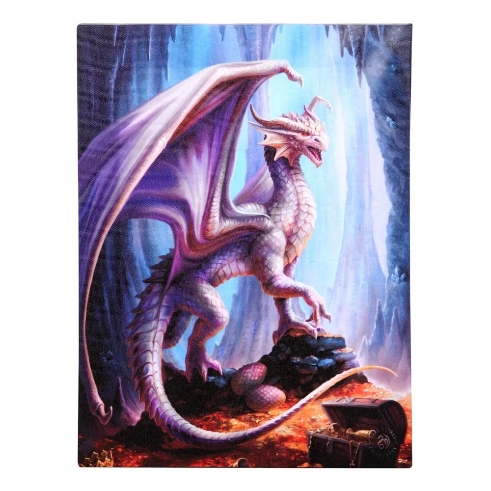 Treasure Trove canvas plaque showing white dragon guarding gold and treasure on 19x25cm wall art by Anne Stokes