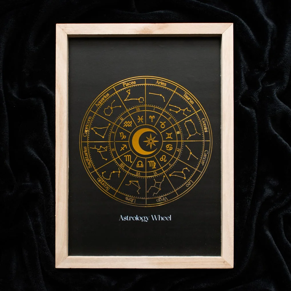 Black astrology wheel wall art with golden foil details in a wooden frame, perfect for home decor and star sign display