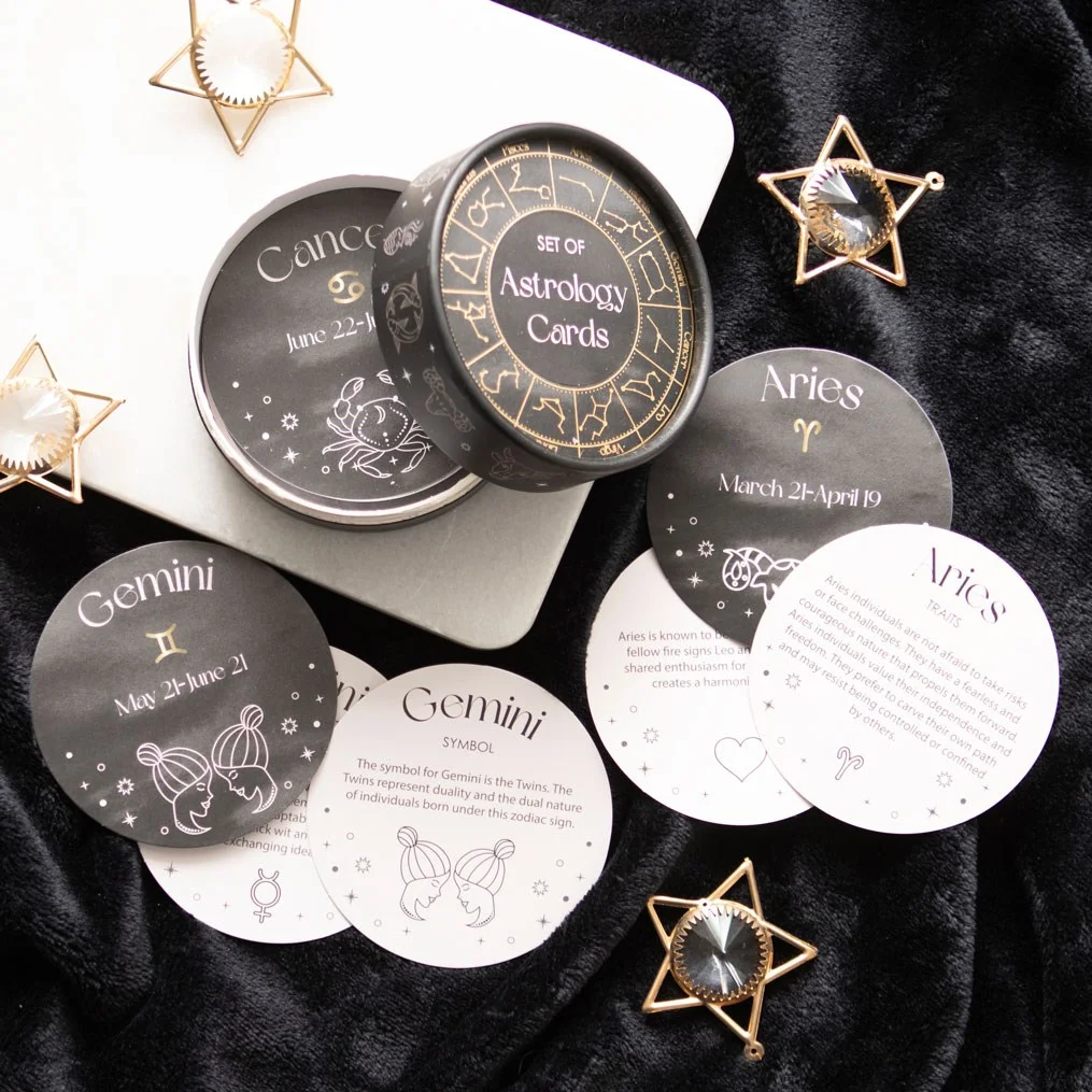 Astrology card set showing circular cards with zodiac signs, planets, traits, and elemental symbols on a white background