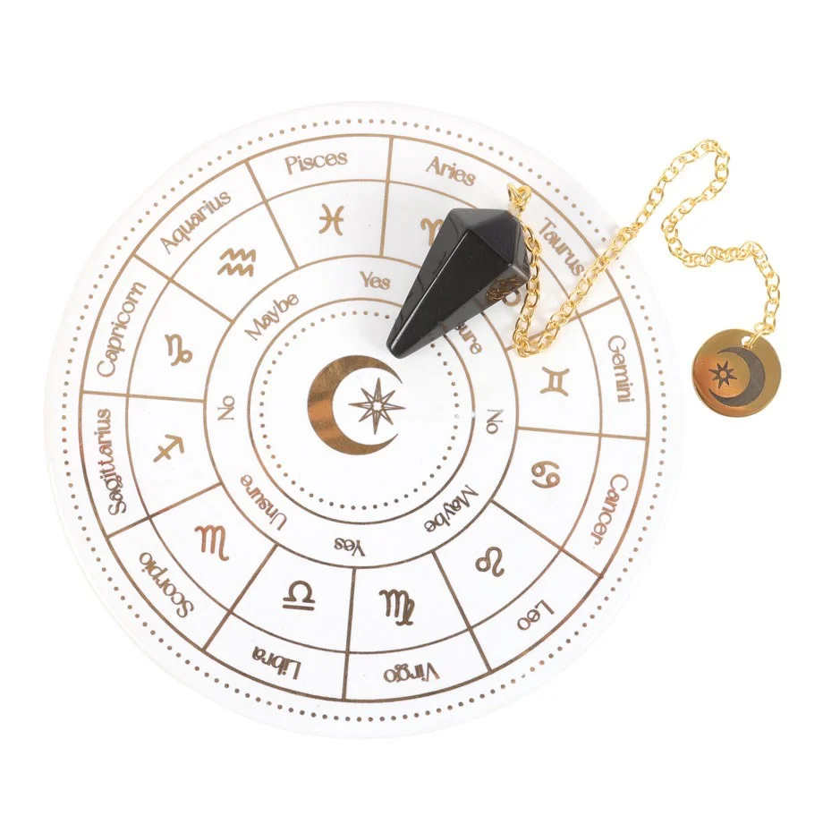 Astrology pendulum kit with ceramic dish featuring gold astrology wheel and clear crystal pendant on black cord