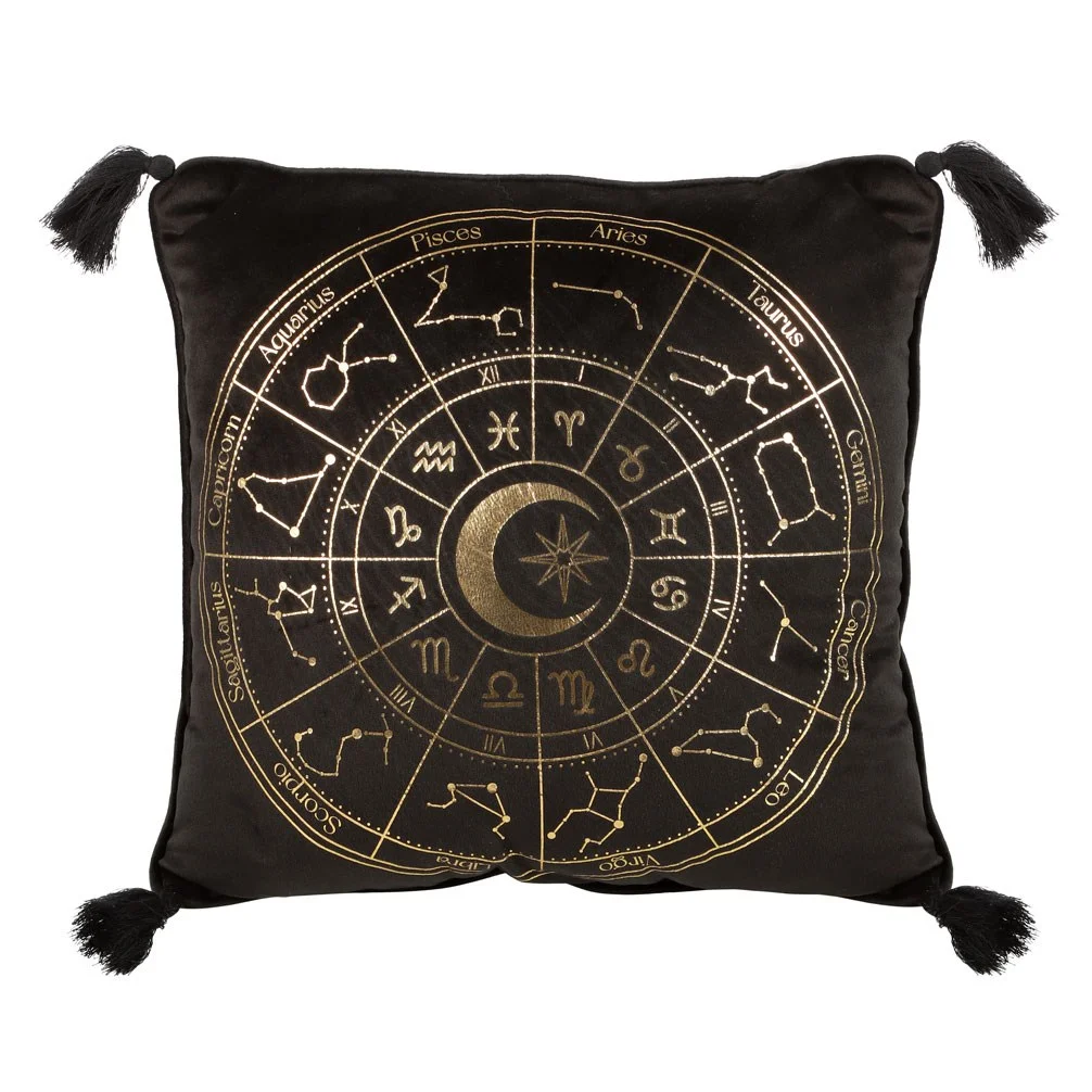 35cm square black astrology wheel cushion with metallic gold finish and black tassels on corners