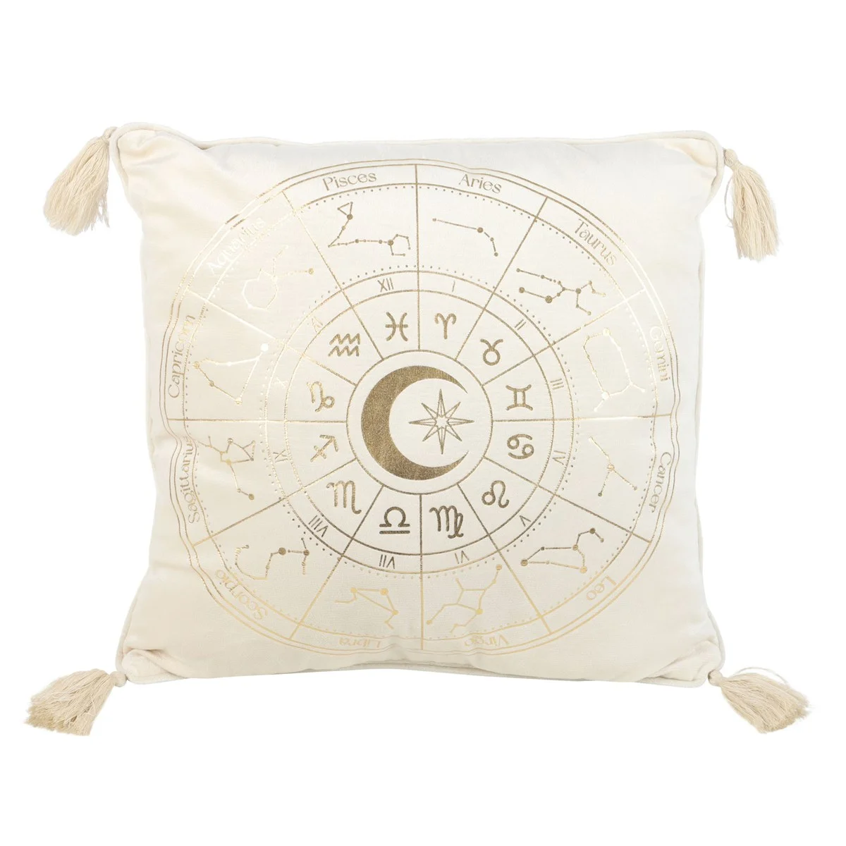 35cm square off-white astrology wheel cushion with metallic gold design and tassels on each corner