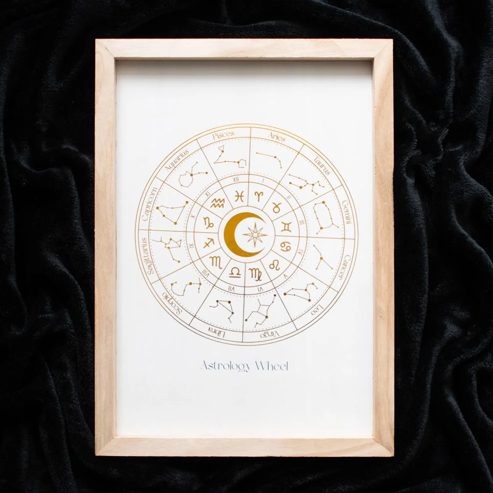 Off white astrology wheel wall art with gold foil finish in a wooden frame, neutral tones for home decor