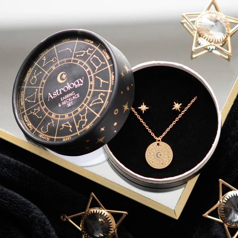 Astrology jewellery set with starburst earrings and astrology wheel pendant necklace on white background