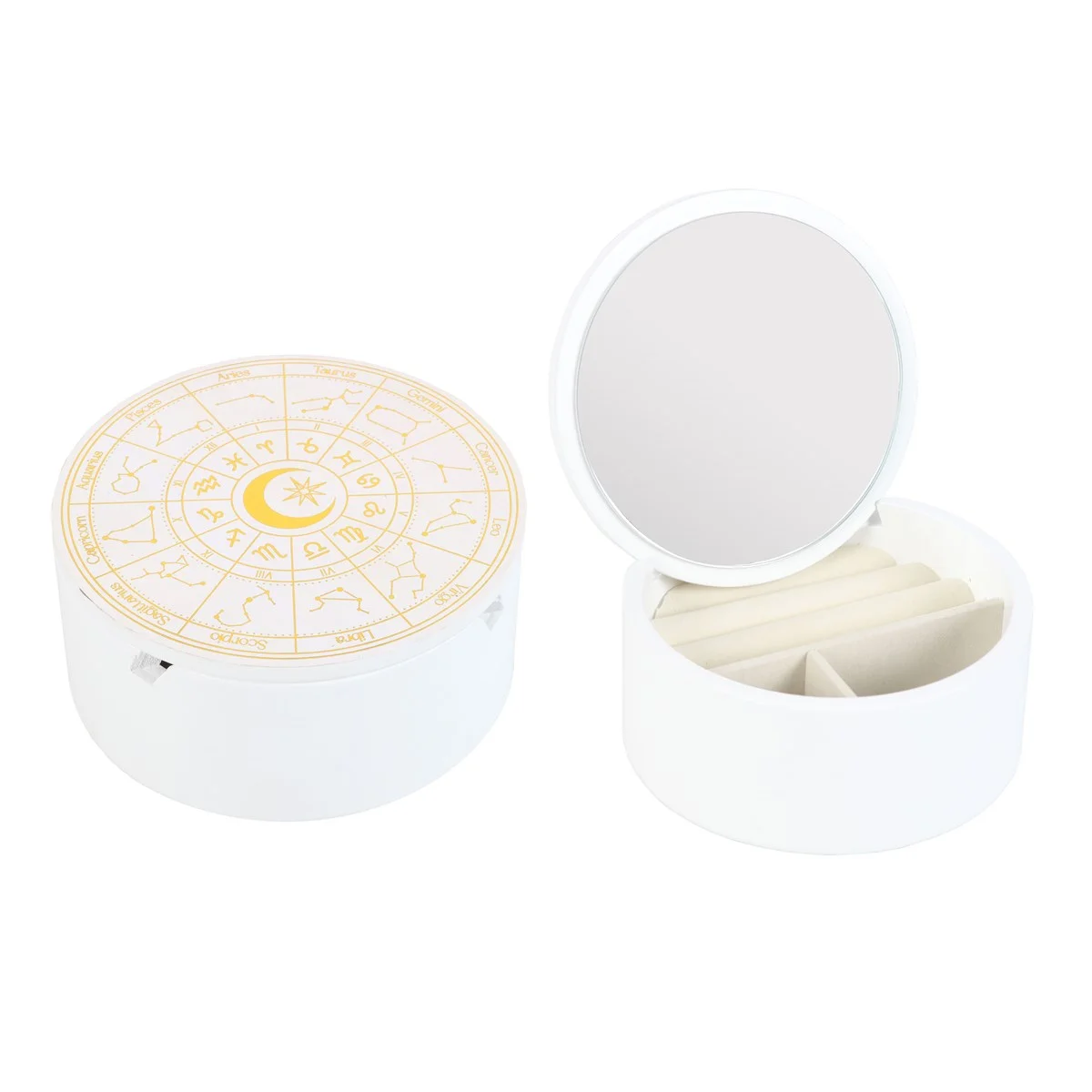 White wooden jewellery storage box with astrology wheel design and mirror in lid on wooden surface