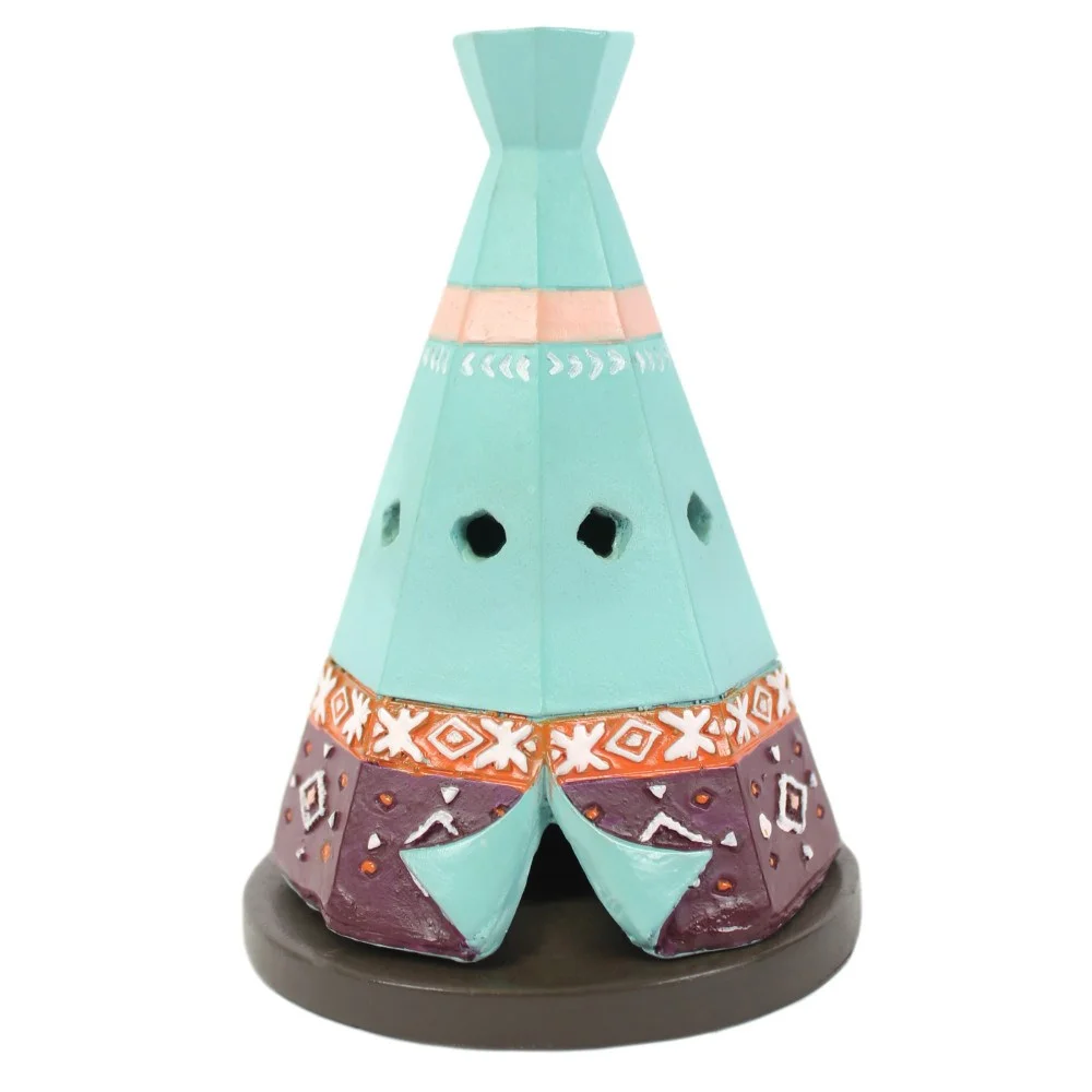 Brightly colored boho teepee incense cone holder with smoke escaping from the top, resembling a tiny fire inside