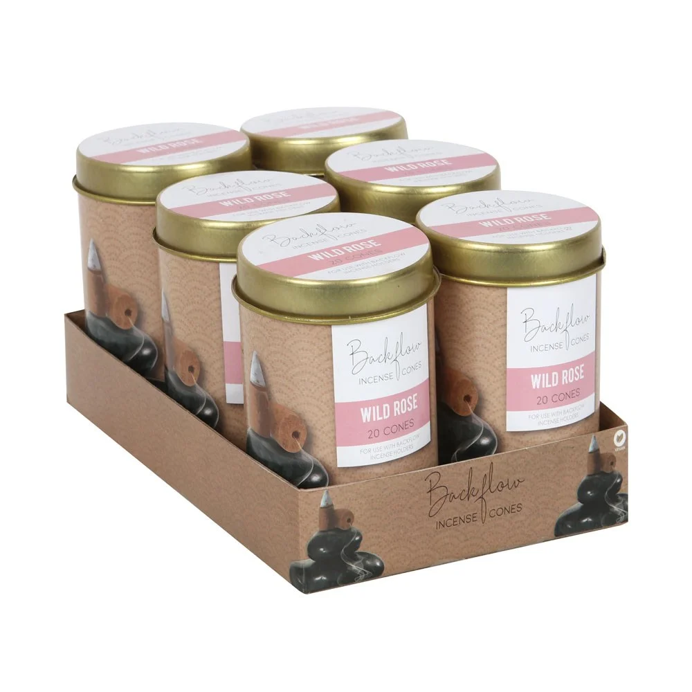 Six tins of Elements Wild Rose backflow cones in a cardboard tray, each tin contains 20 jumbo incense cones