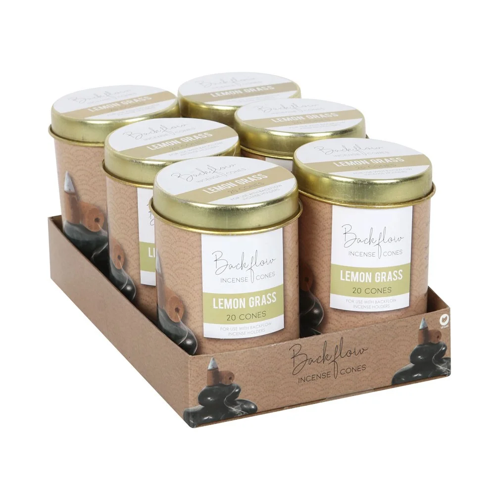 Six tins of Elements lemon grass incense cones arranged in a cardboard tray, each tin holding 20 jumbo backflow cones