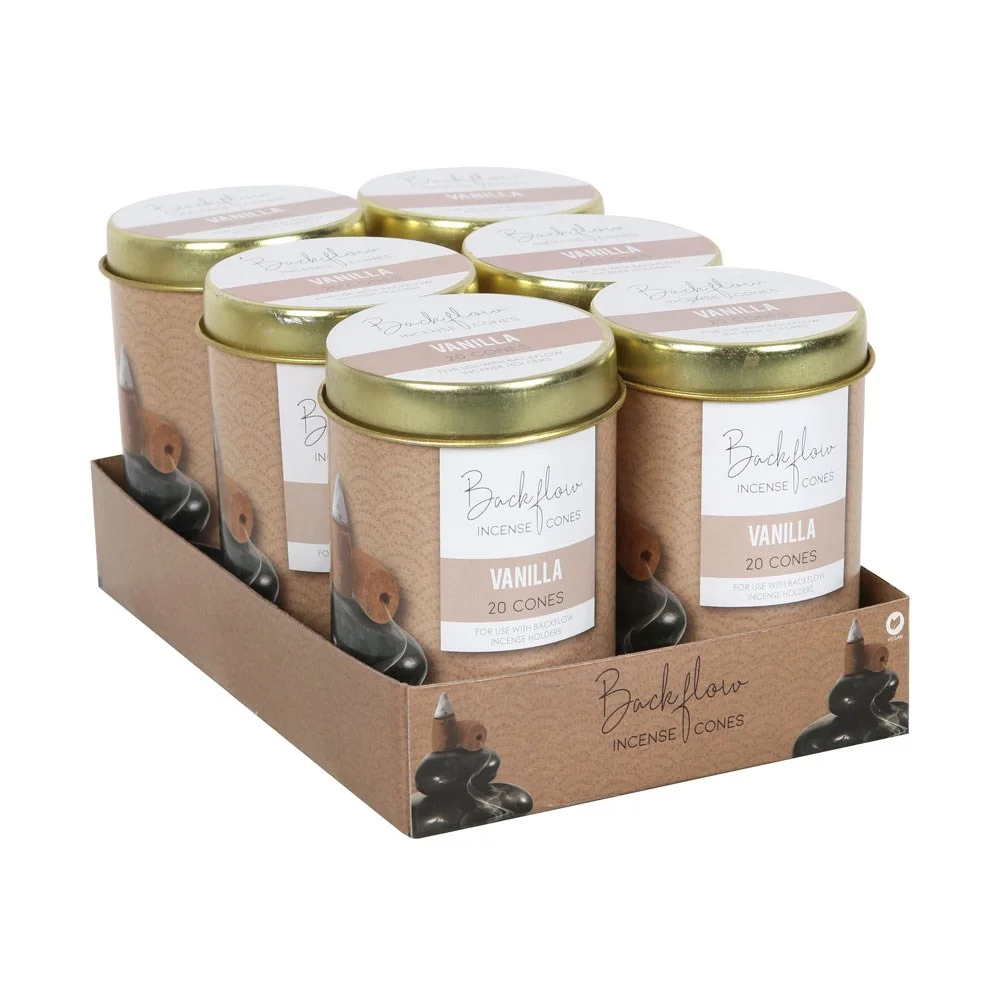 Six tins of Elements vanilla backflow incense cones arranged in a cardboard tray, each tin containing 20 jumbo cones