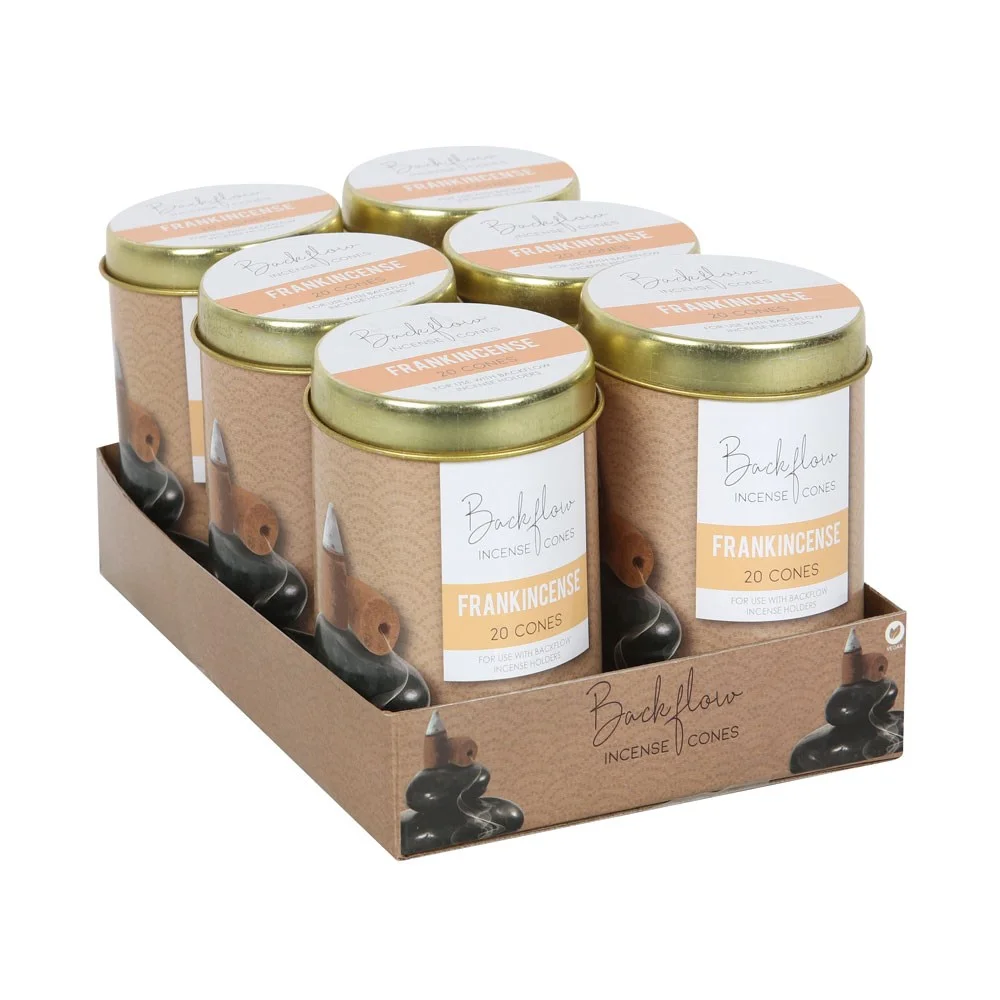 Six tins of Elements Frankincense backflow cones in a cardboard tray, each tin contains 20 jumbo incense cones