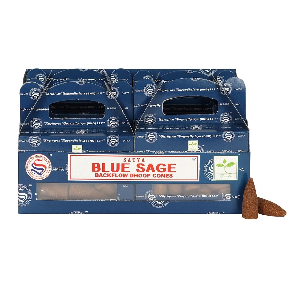 Set of 6 packs of blue sage incense cones by Satya in a blue and white display box with floral designs and product branding