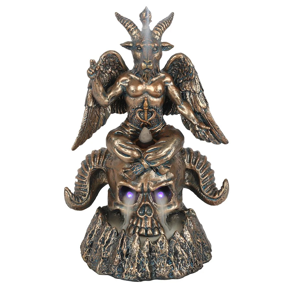 Gold Baphomet incense burner featuring a winged half-goat figure seated on a horned skull with LED eyes lit