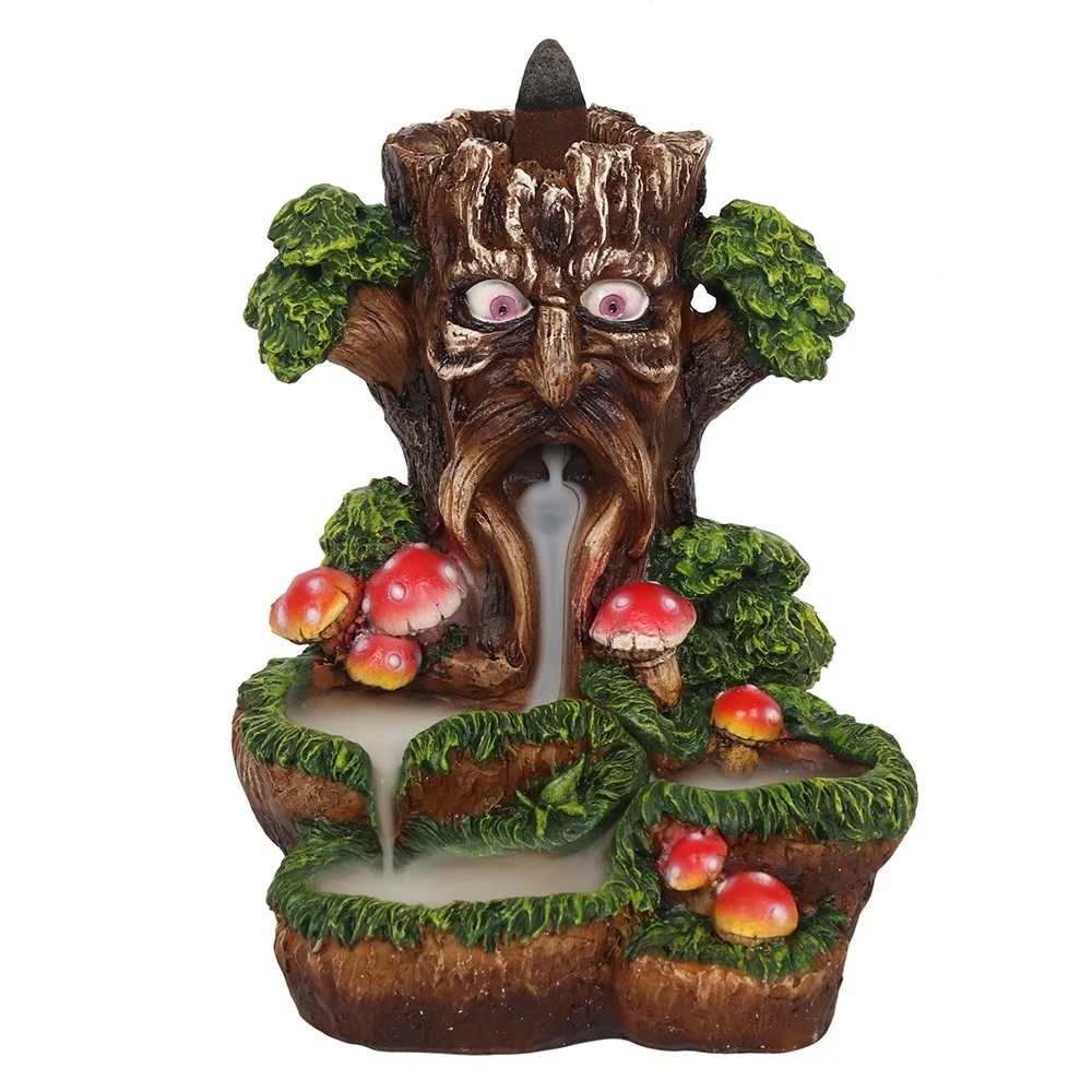 Colourful Tree Man backflow incense burner with smoke cascading down like a waterfall, 15.5cm tall ceramic design