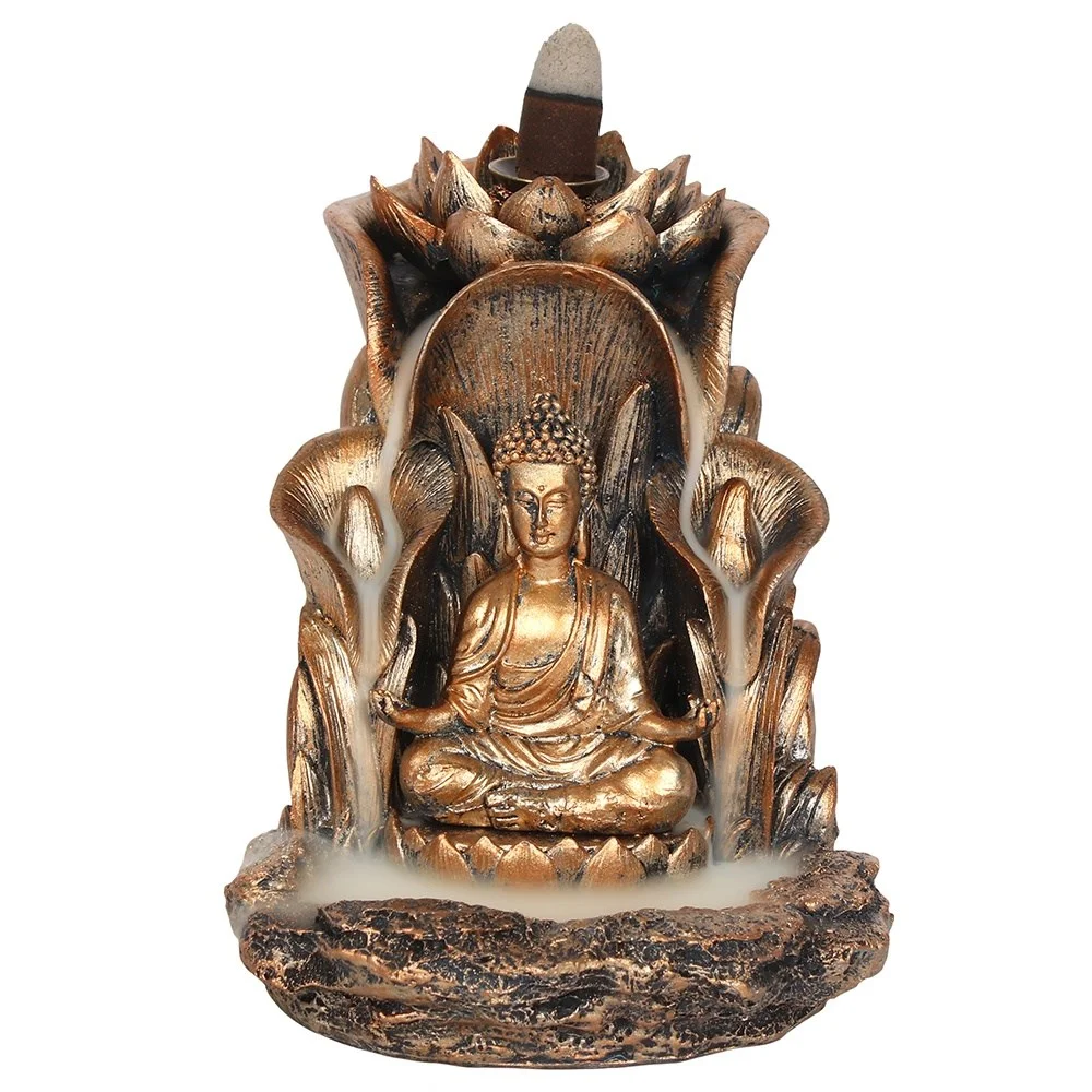 Bronze Buddha backflow incense burner with lotus leaf design, showing smoke cascading downwards in waterfall effect