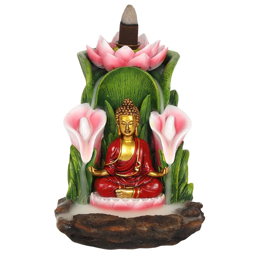 Colourful Buddha backflow incense burner with lotus leaf design showing smoke cascading down like a waterfall