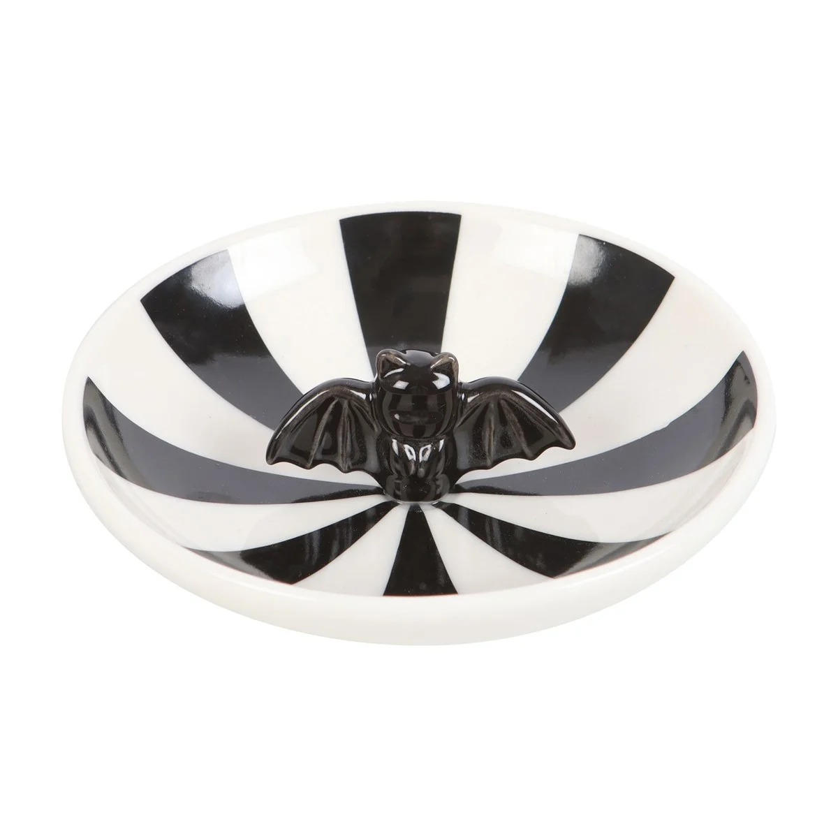 Black and white striped bat trinket dish with a central black bat design, ideal for jewellery or small keepsakes storage