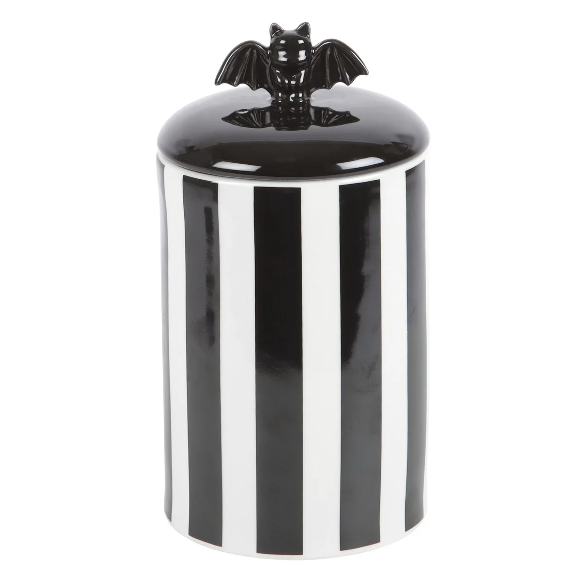 Black and white striped storage jar with bat-shaped lift-off lid, ceramic, handwash only, food safe container