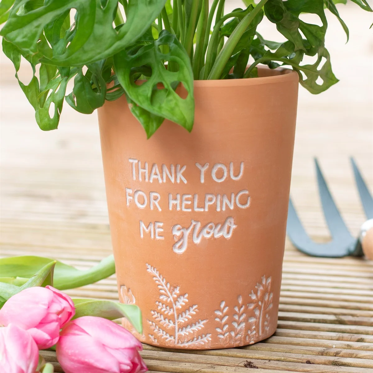 Terracotta plant pot with "Thank you for helping me grow" text, measuring 16.5cm tall, 12.5cm wide and deep