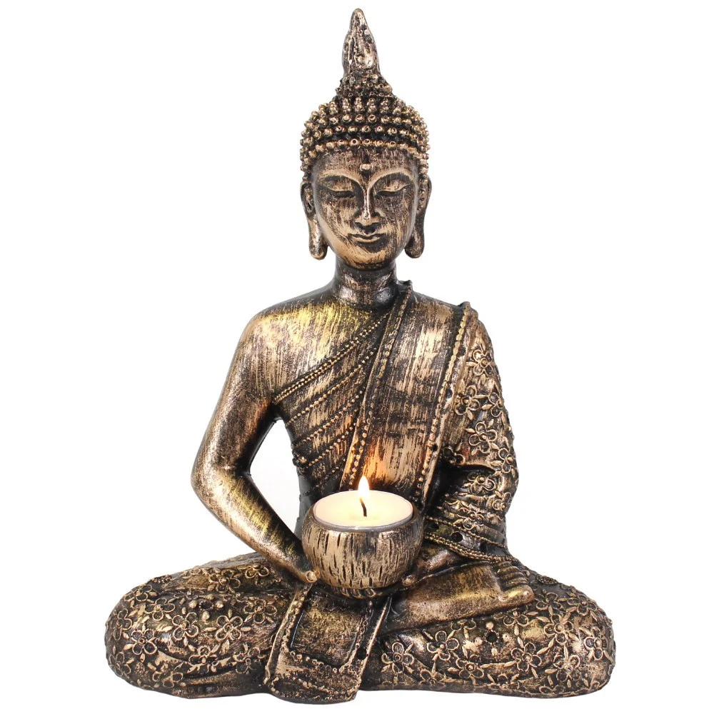 Rustic resin sitting Thai Buddha tealight holder in tealight size, 27cm tall, ideal gift item