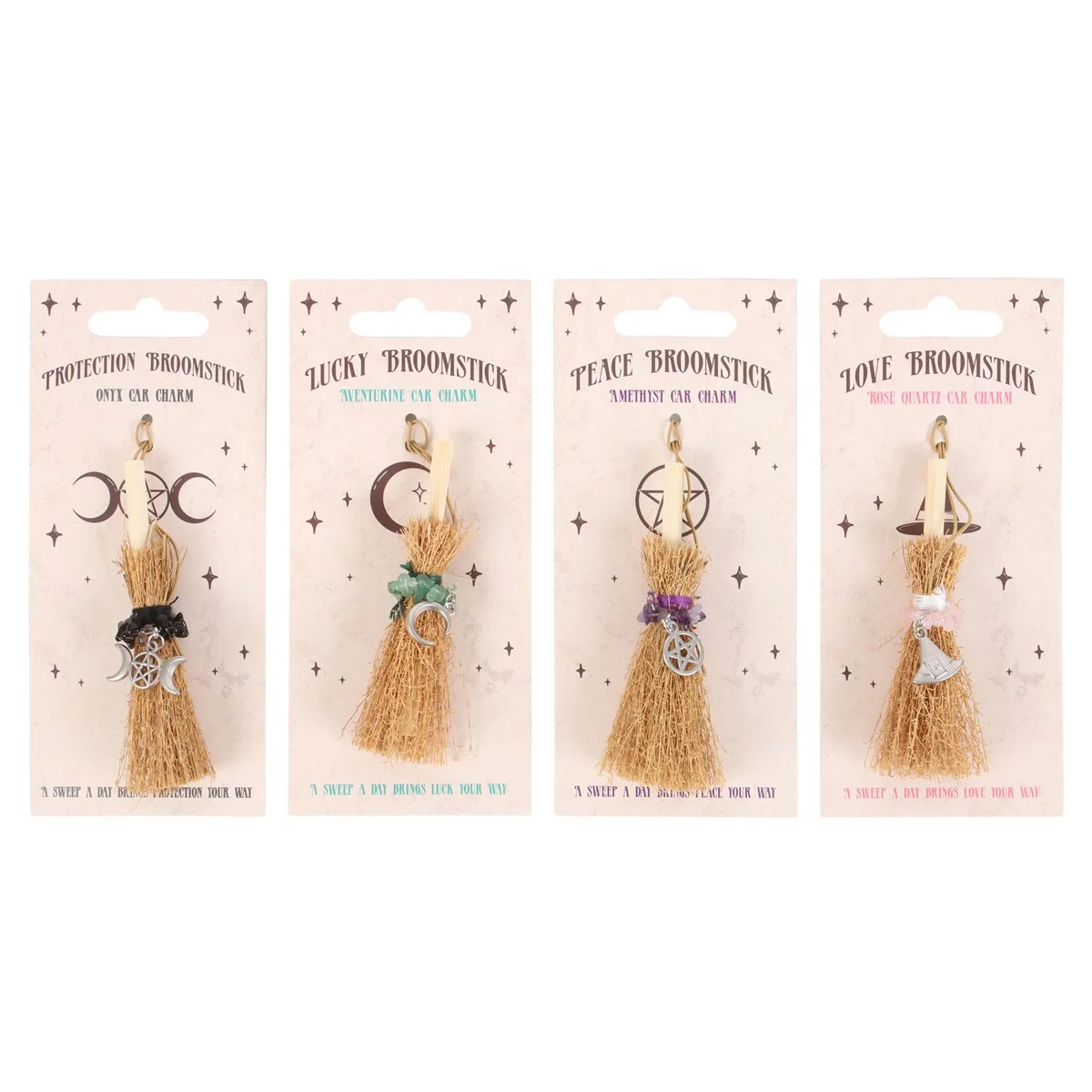 Pack of 12 lucky car charms with crystal broomstick designs featuring moon, pentagram, triple moon, and witch hat shapes