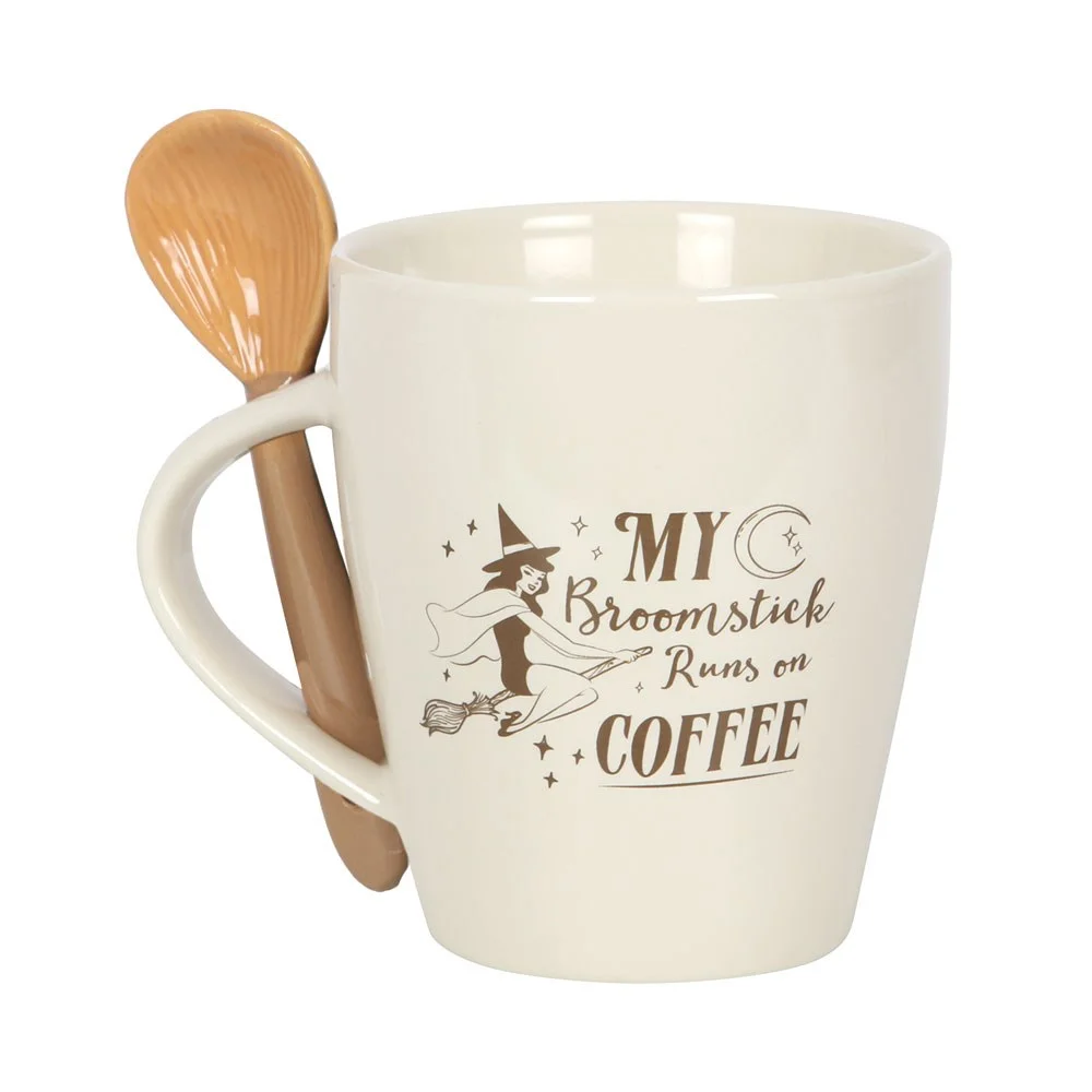Witches coffee mug set with flying pin-up witch design and matching broom-shaped teaspoon, 500ml capacity, slotted handle