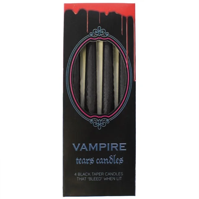 Set of 4 black vampire candles set with tall slim shape, designed to melt red wax when lit, each 25cm high
