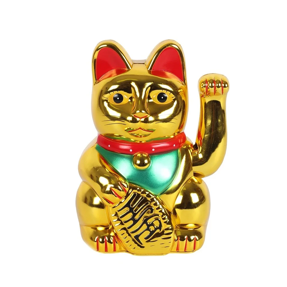 Gold money cat figurine with waving arm, gold coloured, 16cm tall, battery operated, symbol of good fortune