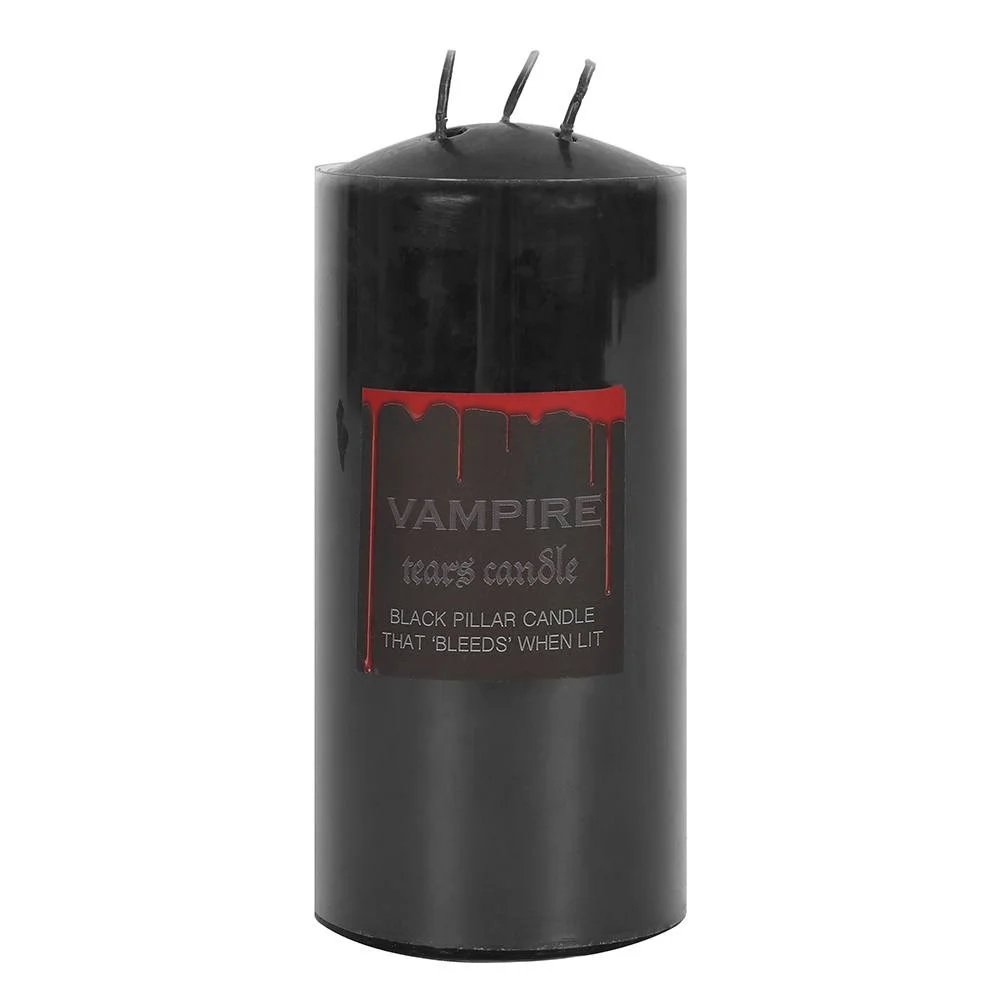 Red 15cm vampire tears candle with three wicks, pillar shape, bright wax that melts and drips when lit