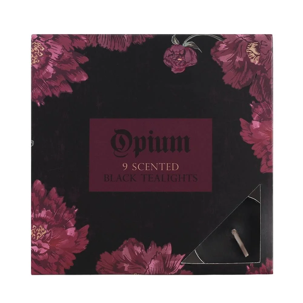 Pack of 9 black opium scented tealights in floral design packaging with paraffin wax candles and 3-hour burn time each