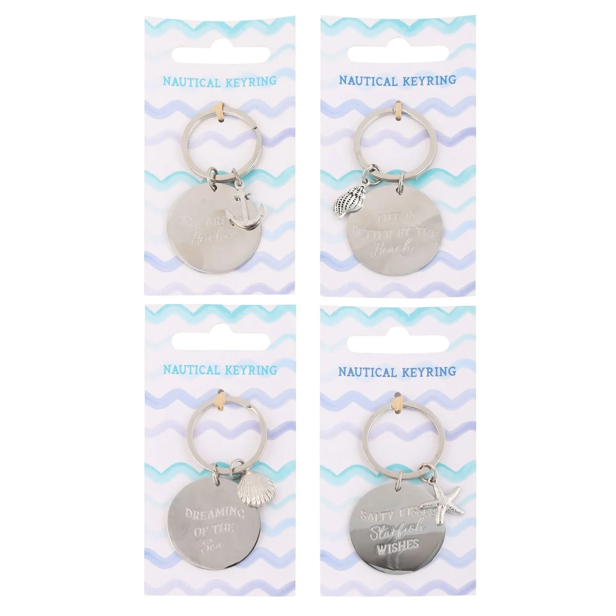 Pack of 12 nautical metal keyrings with seaside charms and inscribed metal discs on matching backing cards