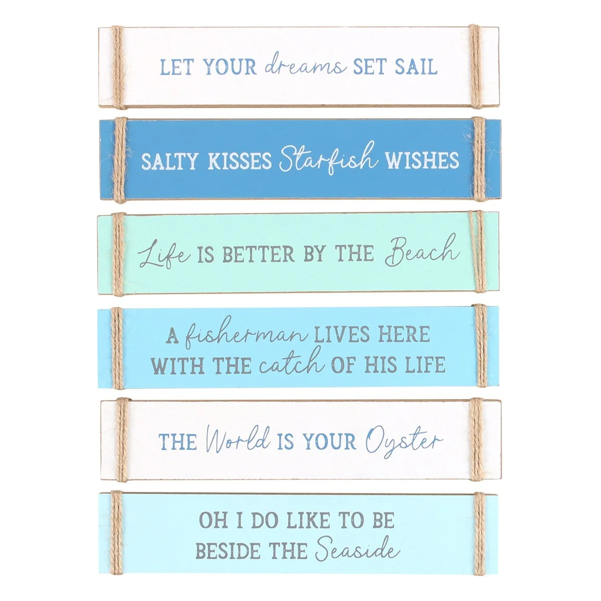 Set of 6 nautical block signs with sea-inspired colours and phrases like The World is Your Oyster and Salty Kisses