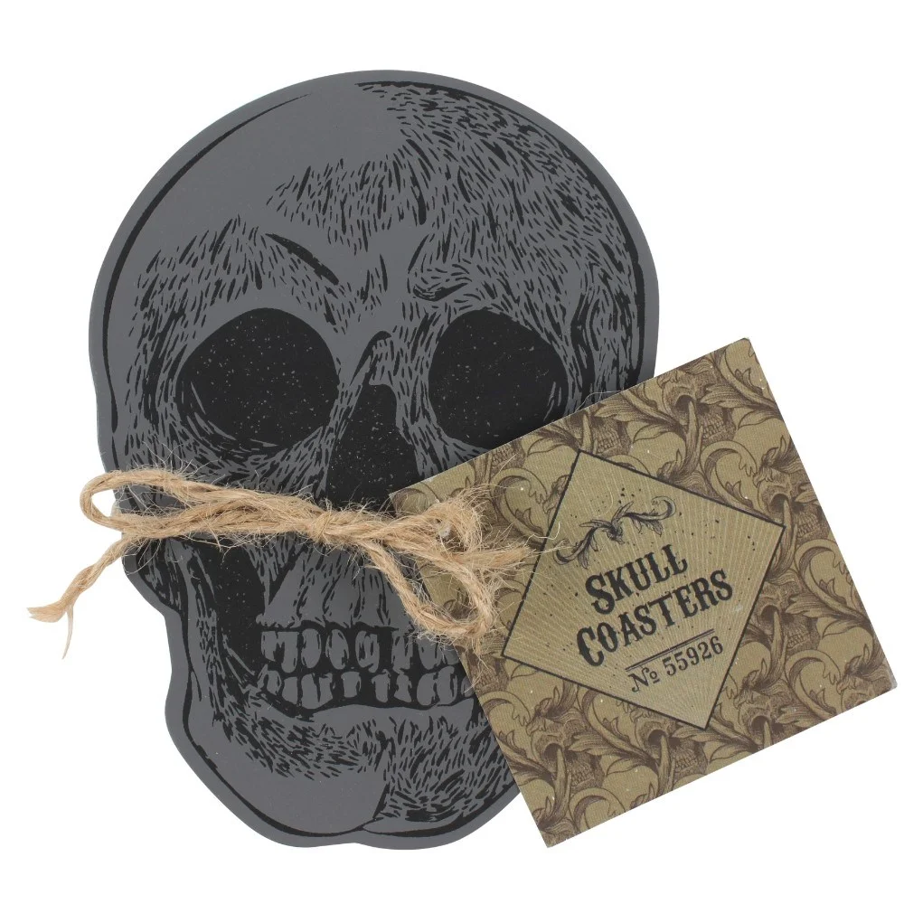 Set of 4 skull coasters set made from MDF with printed skull designs, protecting furniture with a wipe-clean surface