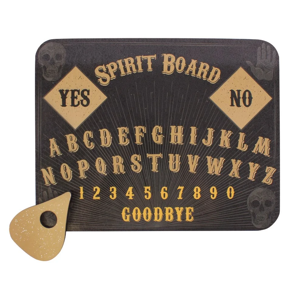 Skull print spirit board with gothic design laid flat showing letters and numbers, packaged in decorative box with instructions